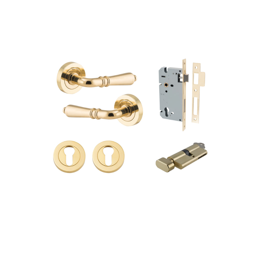 Door Lever Sarlat Round Rose Pair Polished Brass D52xP58mm Entrance Kit, Mortice Lock Euro Polished Brass CTC85mm Backset 60mm, Euro Cylinder Key Thumb 6 Pin Polished Brass L70mm KA1, Escutcheon Euro Concealed Fix Round Pair Polished Brass D52xP10mm in Polished Brass