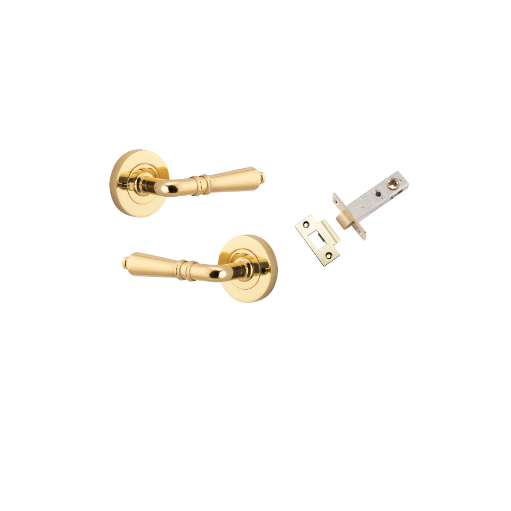 Door Lever Sarlat Round Rose Inbuilt Privacy Pair Polished Brass D58xP58mm with Tube Latch Privacy with Faceplate & T Striker Backset 60mm in Polished Brass