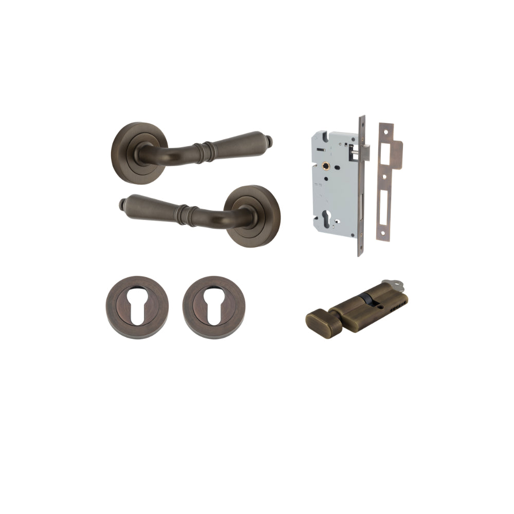 Door Lever Sarlat Round Rose Pair Signature Brass D52xP58mm Entrance Kit, Mortice Lock Euro Signature Brass CTC85mm Backset 60mm, Euro Cylinder Key Thumb 6 Pin Signature Brass L70mm KA1, Escutcheon Euro Concealed Fix Round Pair Signature Brass D52… in Signature Brass
