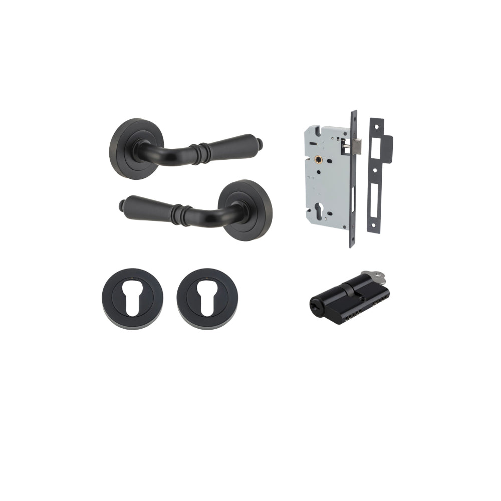 Door Lever Sarlat Round Rose Pair Matt Black D52xP58mm Entrance Kit, Mortice Lock Euro Matt Black CTC85mm Backset 60mm, Euro Cylinder Dual Function 5 Pin Matt Black L65mm KA1, Escutcheon Euro Concealed Fix Round Pair Matt Black D52xP10mm in Matt Black