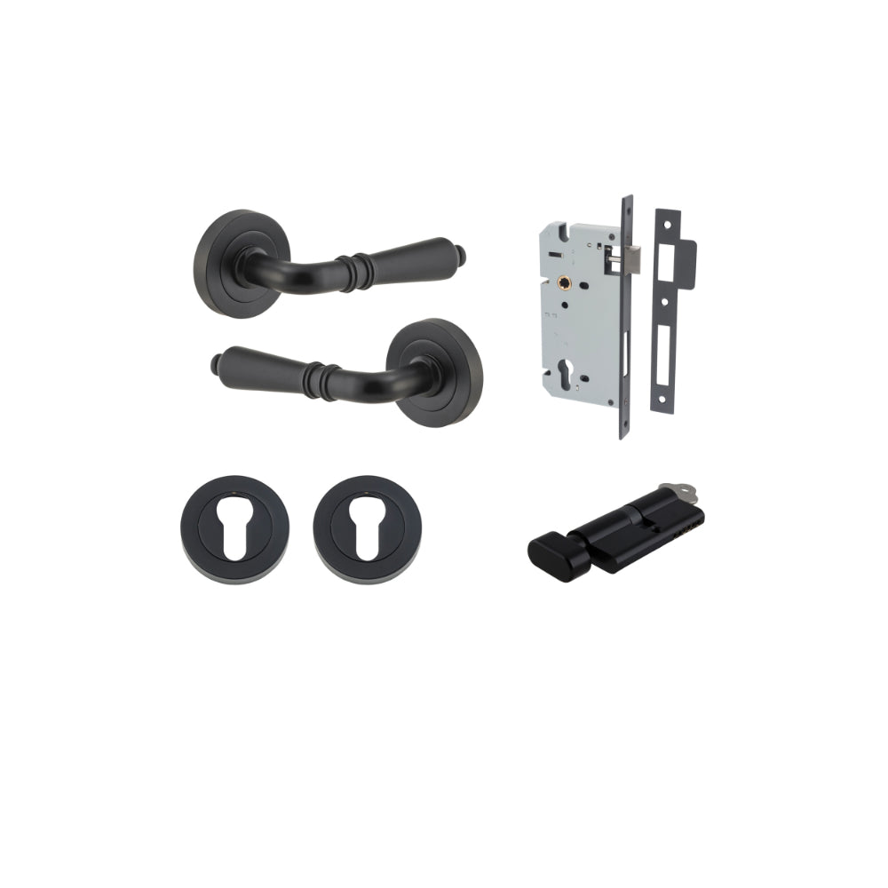 Door Lever Sarlat Round Rose Pair Matt Black D52xP58mm Entrance Kit, Mortice Lock Euro Matt Black CTC85mm Backset 60mm, Euro Cylinder Key Thumb 6 Pin Matt Black L70mm KA1, Escutcheon Euro Concealed Fix Round Pair Matt Black D52xP10mm in Matt Black