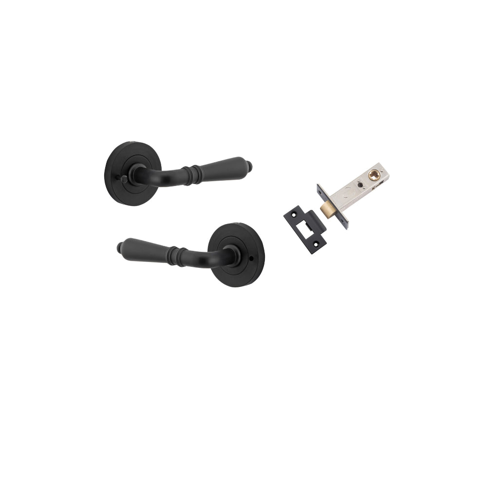 Door Lever Sarlat Round Rose Inbuilt Privacy Pair Matt Black D58xP58mm with Tube Latch Privacy with Faceplate & T Striker Backset 60mm in Matt Black