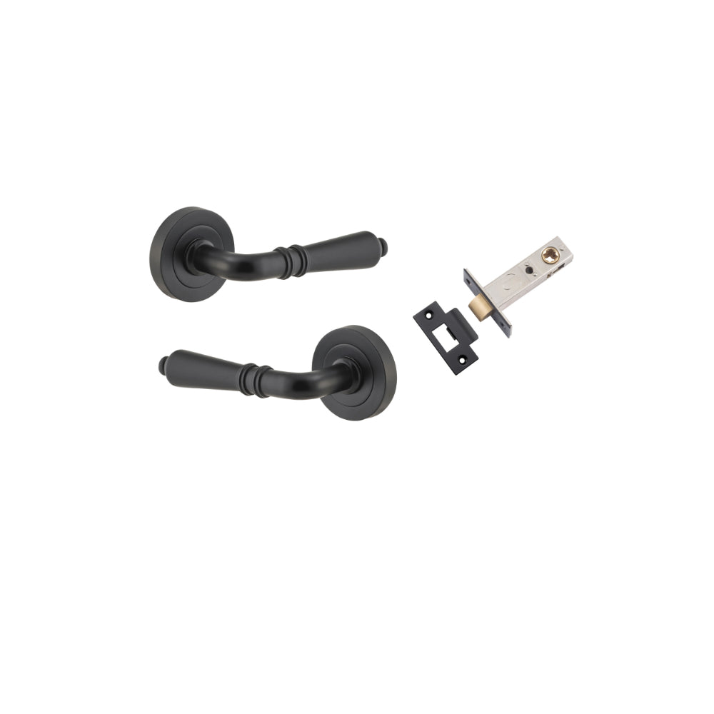 Door Lever Sarlat Round Rose Pair Matt Black D52xP58mm Passage Kit, Tube Latch Split Cam 'T' Striker Matt Black Backset 60mm in Matt Black
