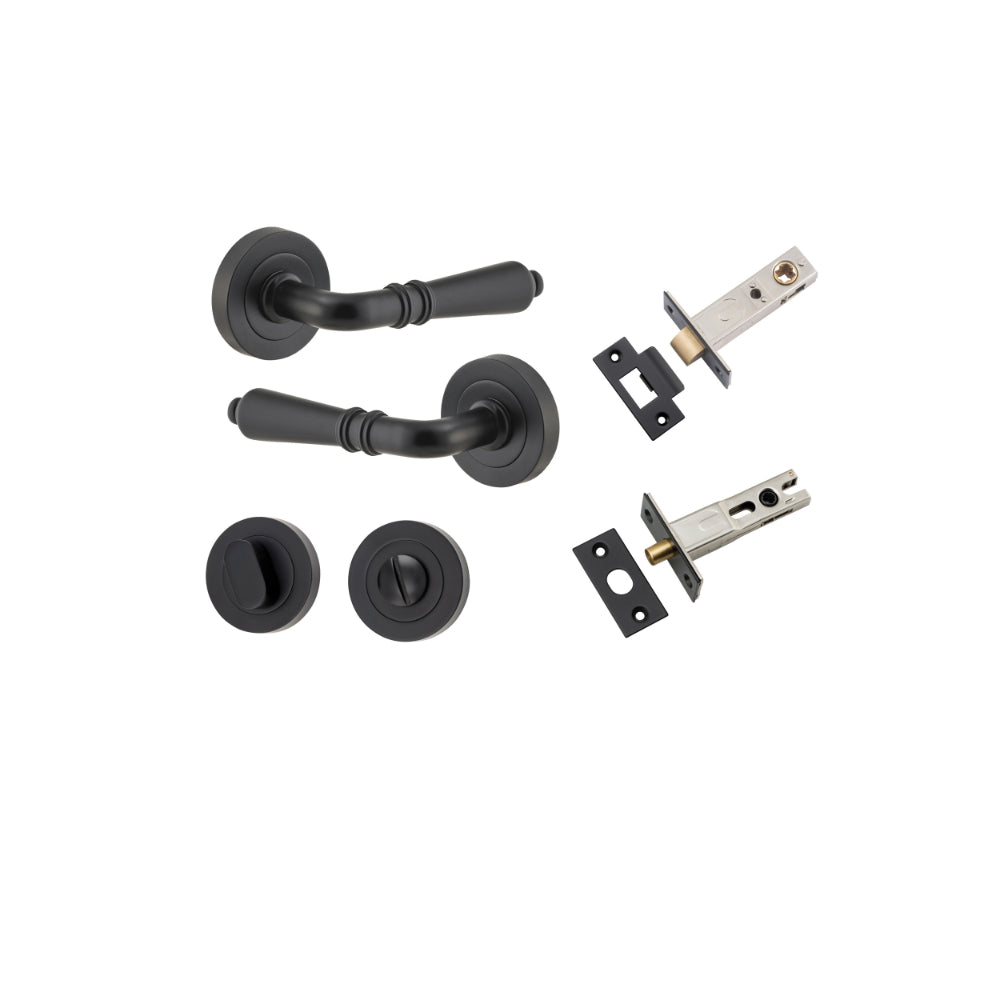 Door Lever Sarlat Round Rose Pair Matt Black D52xP58mm Privacy Kit, Tube Latch Split Cam 'T' Striker Matt Black Backset 60mm, Privacy Bolt Round Bolt Matt Black Backset 60mm, Privacy Turn Oval Concealed Fix Round Matt Black D52xP23mm in Matt Black