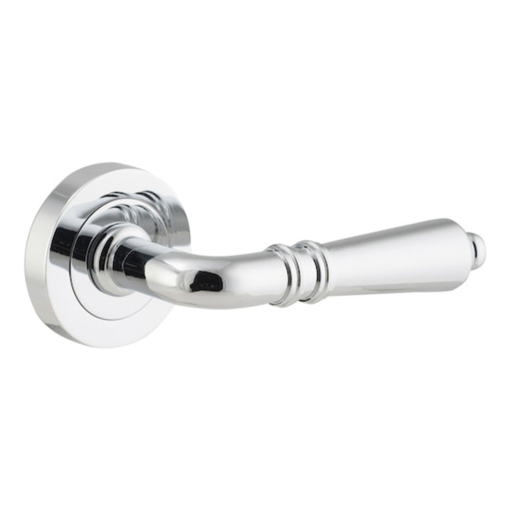 Door Lever Sarlat Round Rose Pair Polished Chrome D52xP58mm
(Latch/Lock Sold Separately) in Polished Chrome