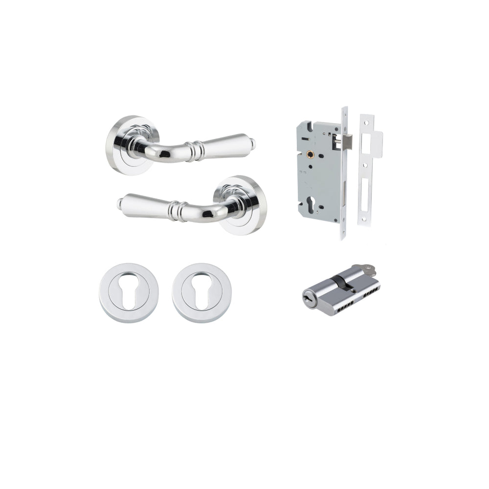 Door Lever Sarlat Round Rose Pair Polished Chrome D52xP58mm Entrance Kit, Mortice Lock Euro Polished Chrome CTC85mm Backset 60mm, Euro Cylinder Dual Function 5 Pin Polished Chrome L65mm KA1, Escutcheon Euro Concealed Fix Round Pair Polished Chrome… in Polished Chrome
