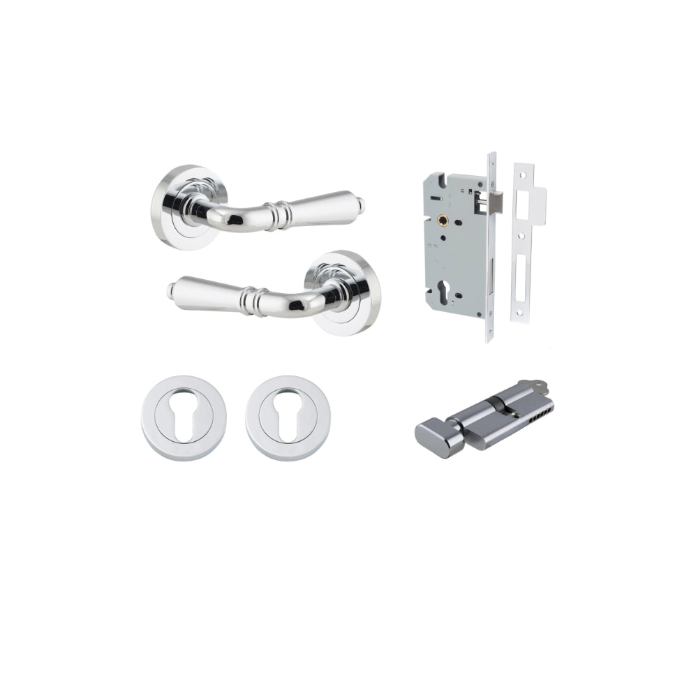 Door Lever Sarlat Round Rose Pair Polished Chrome D52xP58mm Entrance Kit, Mortice Lock Euro Polished Chrome CTC85mm Backset 60mm, Euro Cylinder Key Thumb 6 Pin Polished Chrome L70mm KA1, Escutcheon Euro Concealed Fix Round Pair Polished Chrome D52… in Polished Chrome