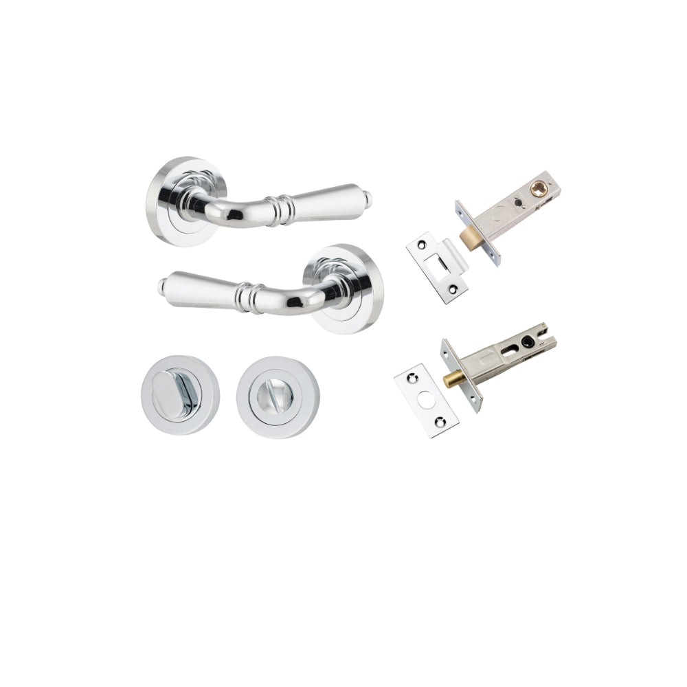 Door Lever Sarlat Round Rose Pair Polished Chrome D52xP58mm Privacy Kit, Tube Latch Split Cam 'T' Striker Polished Chrome Backset 60mm, Privacy Bolt Round Bolt Polished Chrome Backset 60mm, Privacy Turn Oval Concealed Fix Round Polished Chrome D52… in Polished Chrome