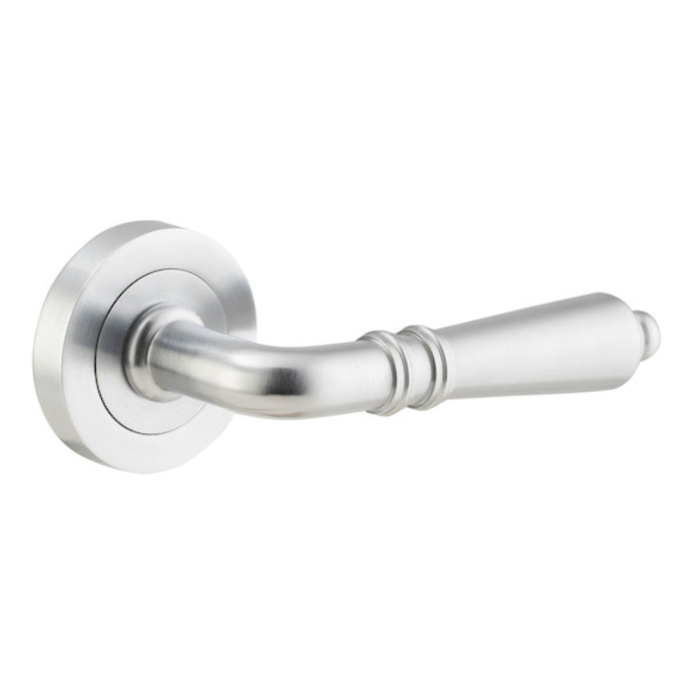 Door Lever Sarlat Round Rose Pair Brushed Chrome D52xP58mm
(Latch/Lock Sold Separately) in Brushed Chrome