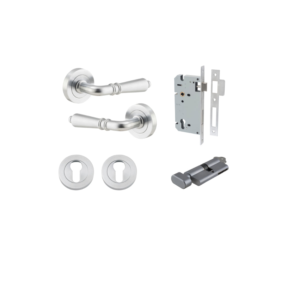 Door Lever Sarlat Round Rose Pair Brushed Chrome D52xP58mm Entrance Kit, Mortice Lock Euro Brushed Chrome CTC85mm Backset 60mm, Euro Cylinder Key Thumb 6 Pin Brushed Chrome L70mm KA1, Escutcheon Euro Concealed Fix Round Pair Brushed Chrome D52xP10mm in Brushed Chrome