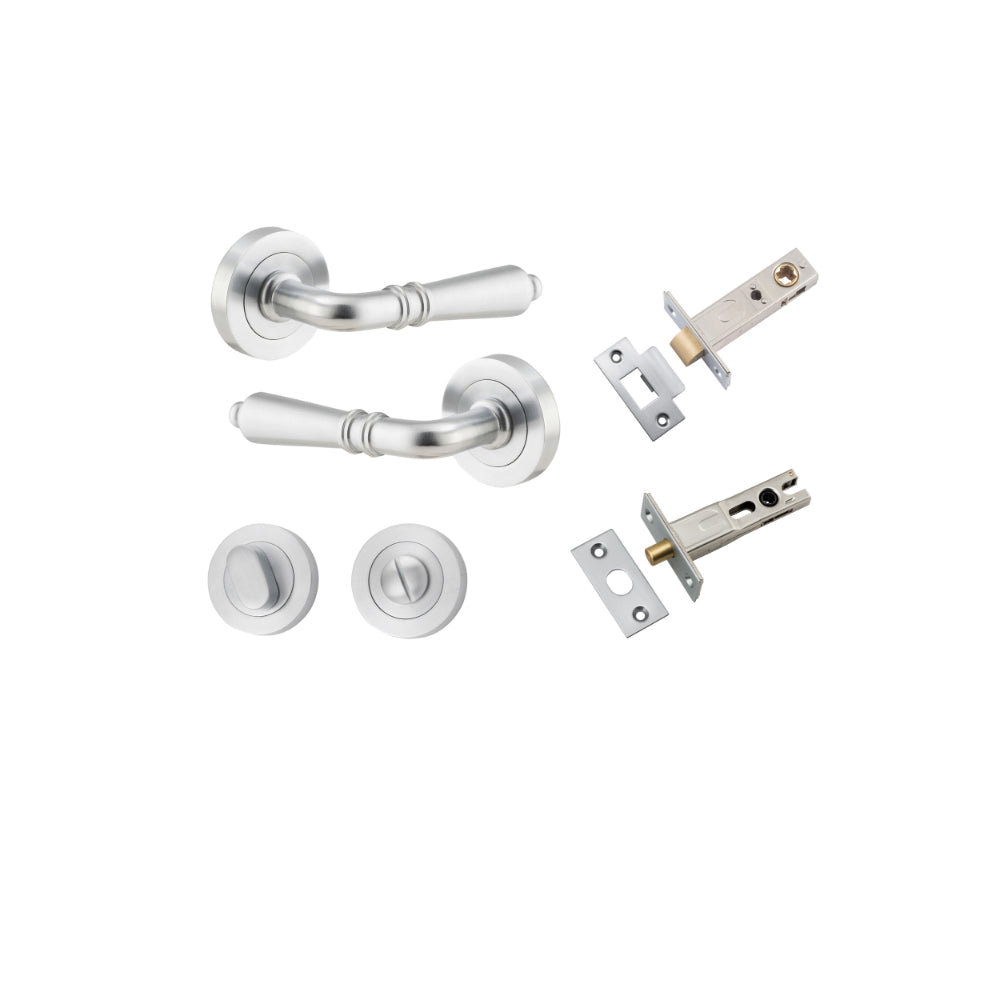 Door Lever Sarlat Round Rose Pair Brushed Chrome D52xP58mm Privacy Kit, Tube Latch Split Cam 'T' Striker Brushed Chrome Backset 60mm, Privacy Bolt Round Bolt Brushed Chrome Backset 60mm, Privacy Turn Oval Concealed Fix Round Brushed Chrome D52xP23mm in Brushed Chrome