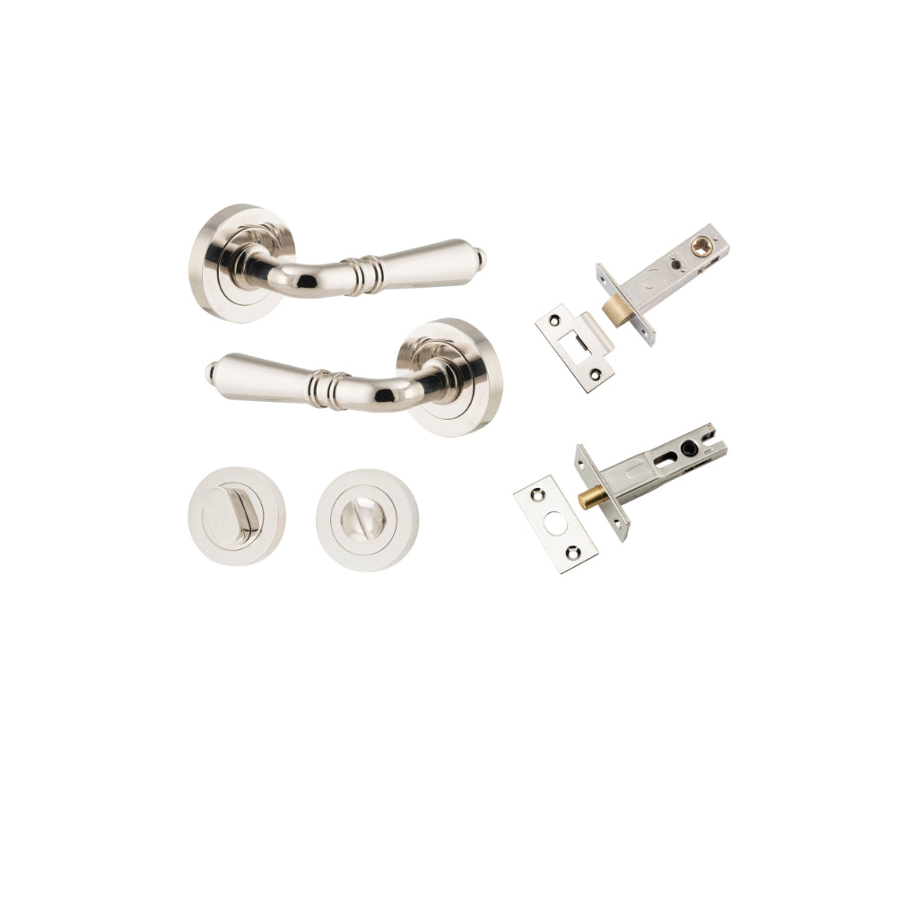Door Lever Sarlat Round Rose Pair Polished Nickel D52xP58mm Privacy Kit, Tube Latch Split Cam 'T' Striker Polished Nickel Backset 60mm, Privacy Bolt Round Bolt Polished Nickel Backset 60mm, Privacy Turn Oval Concealed Fix Round Polished Nickel D52… in Polished Nickel