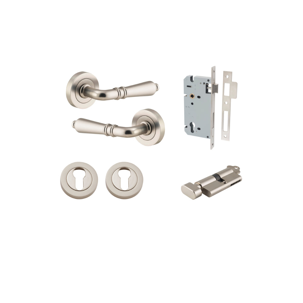 Door Lever Sarlat Round Rose Pair Satin Nickel D52xP58mm Entrance Kit, Mortice Lock Euro Satin Nickel CTC85mm Backset 60mm, Euro Cylinder Key Thumb 6 Pin Satin Nickel L70mm KA1, Escutcheon Euro Concealed Fix Round Pair Satin Nickel D52xP10mm in Satin Nickel