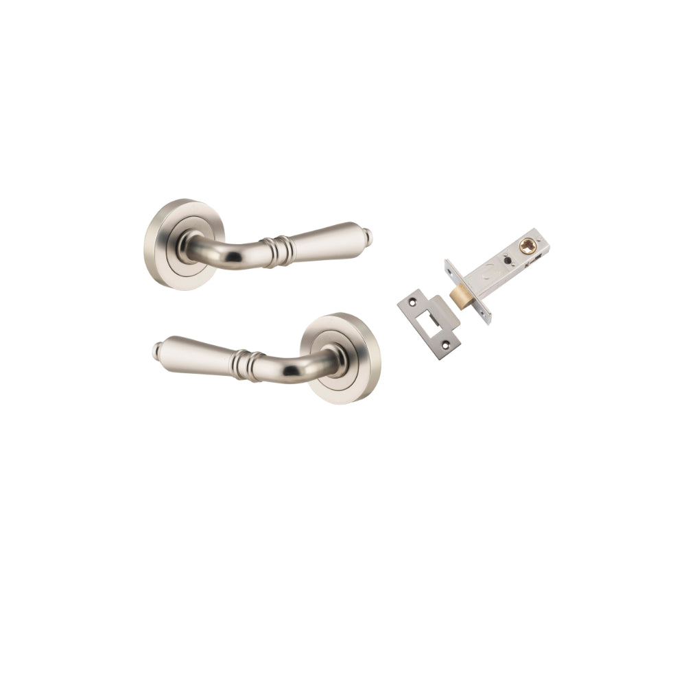 Door Lever Sarlat Round Rose Pair Satin Nickel D52xP58mm Passage Kit, Tube Latch Split Cam 'T' Striker Satin Nickel Backset 60mm in Satin Nickel