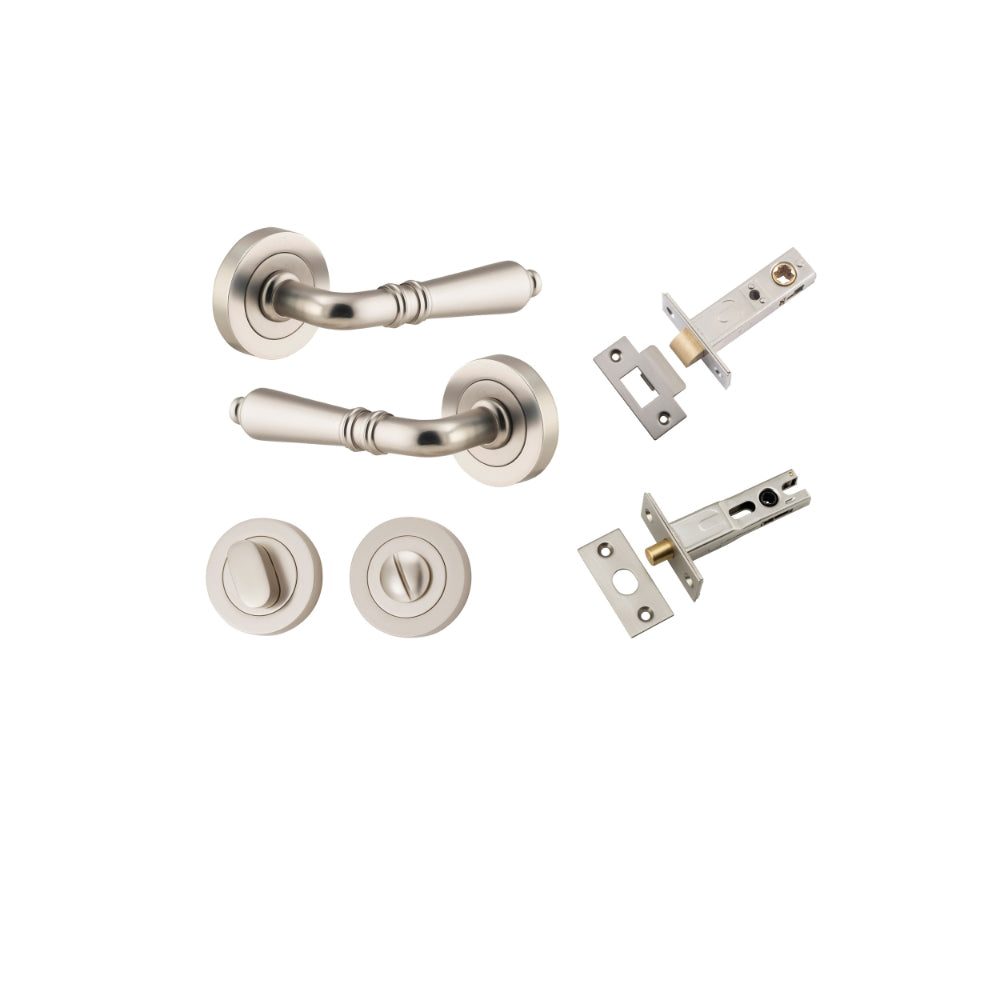 Door Lever Sarlat Round Rose Pair Satin Nickel D52xP58mm Privacy Kit, Tube Latch Split Cam 'T' Striker Satin Nickel Backset 60mm, Privacy Bolt Round Bolt Satin Nickel Backset 60mm, Privacy Turn Oval Concealed Fix Round Satin Nickel D52xP23mm in Satin Nickel