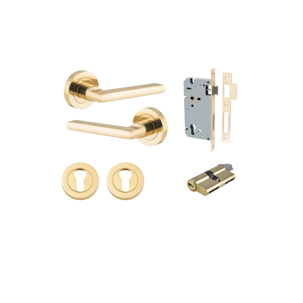 Door Lever Baltimore Round Rose Pair Polished Brass D52xP58mm Entrance Kit, Mortice Lock Euro Polished Brass CTC85mm Backset 60mm, Euro Cylinder Dual Function 5 Pin Polished Brass L65mm KA1, Escutcheon Euro Concealed Fix Round Pair Polished Brass … in Polished Brass