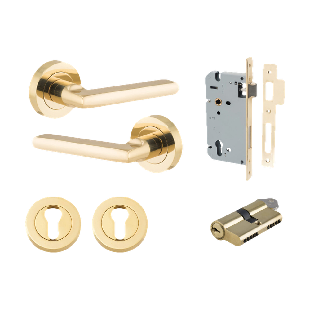 Door Lever Baltimore Round Rose Pair Polished Brass D52xP58mm Entrance Kit, Mortice Lock Euro Polished Brass CTC85mm Backset 60mm, Euro Cylinder Dual Function 5 Pin Polished Brass L65mm KA1, Escutcheon Euro Concealed Fix Round Pair Polished Brass … in Polished Brass