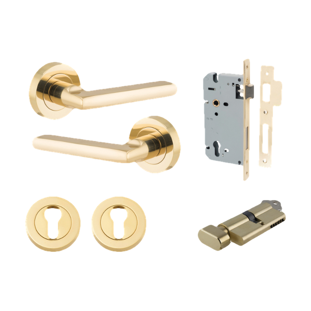 Door Lever Baltimore Round Rose Pair Polished Brass D52xP58mm Entrance Kit, Mortice Lock Euro Polished Brass CTC85mm Backset 60mm, Euro Cylinder Key Thumb 6 Pin Polished Brass L70mm KA1, Escutcheon Euro Concealed Fix Round Pair Polished Brass D52x… in Polished Brass
