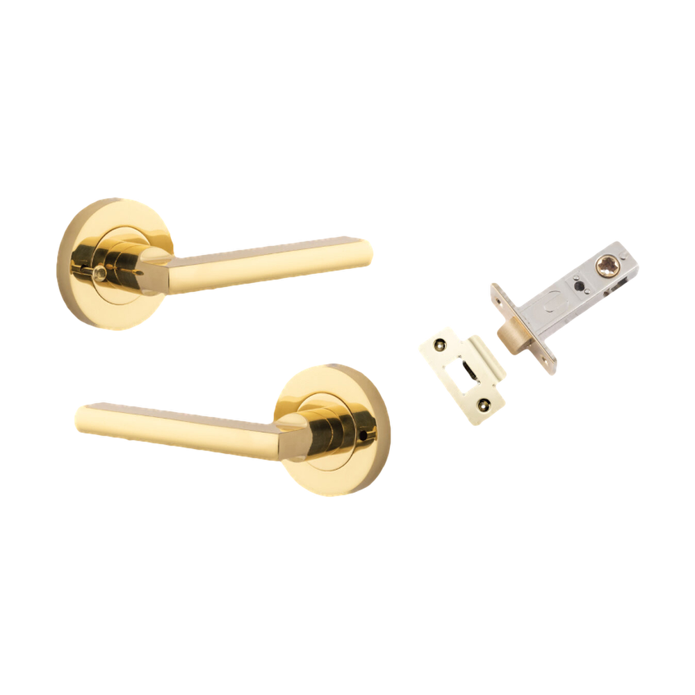 Door Lever Baltimore Round Rose Inbuilt Privacy Pair Polished Brass D58xP58mm with Tube Latch Privacy with Faceplate & T Striker Backset 60mm in Polished Brass