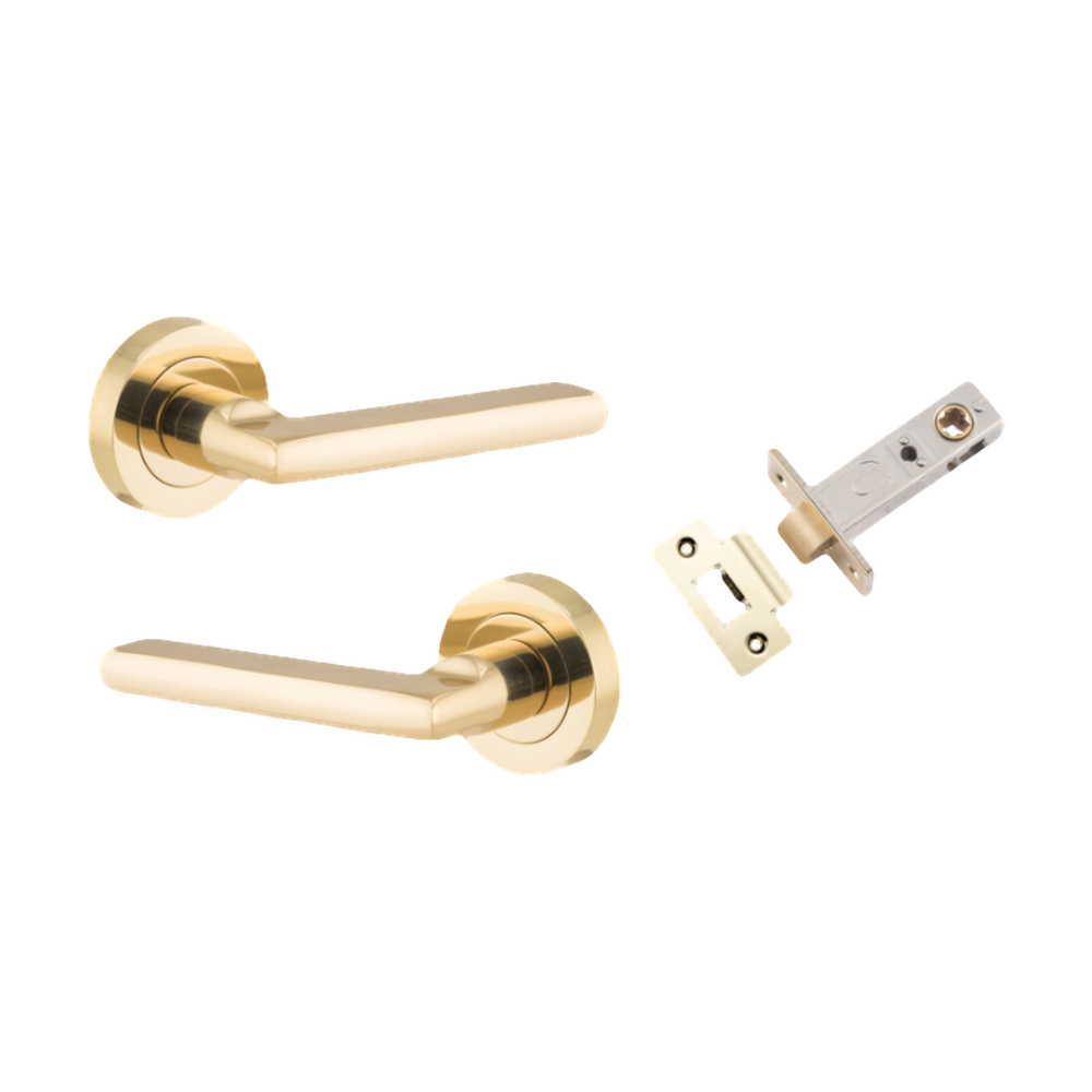 Door Lever Baltimore Round Rose Pair Polished Brass D52xP58mm Passage Kit, Tube Latch Split Cam 'T' Striker Polished Brass Backset 60mm in Polished Brass
