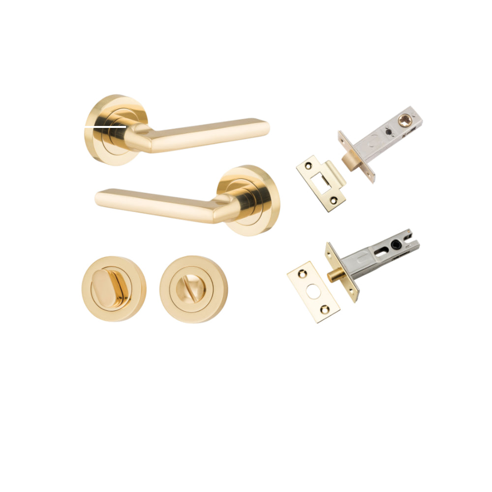 Door Lever Baltimore Round Rose Pair Polished Brass D52xP58mm Privacy Kit, Tube Latch Split Cam 'T' Striker Polished Brass Backset 60mm, Privacy Bolt Round Bolt Polished Brass Backset 60mm, Privacy Turn Oval Concealed Fix Round Polished Brass D52x… in Polished Brass