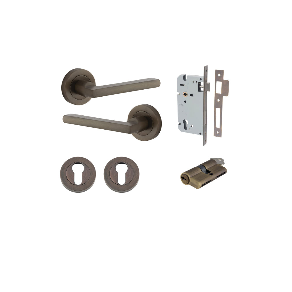 Door Lever Baltimore Round Rose Pair Signature Brass D52xP58mm Entrance Kit, Mortice Lock Euro Signature Brass CTC85mm Backset 60mm, Euro Cylinder Dual Function 5 Pin Signature Brass L65mm KA1, Escutcheon Euro Concealed Fix Round Pair Signature Bra… in Signature Brass