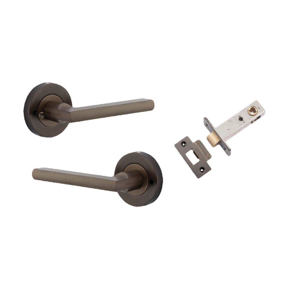 Door Lever Baltimore Round Rose Inbuilt Privacy Pair Signature Brass D58xP58mm with Tube Latch Privacy with Faceplate & T Striker Backset 60mm in Signature Brass