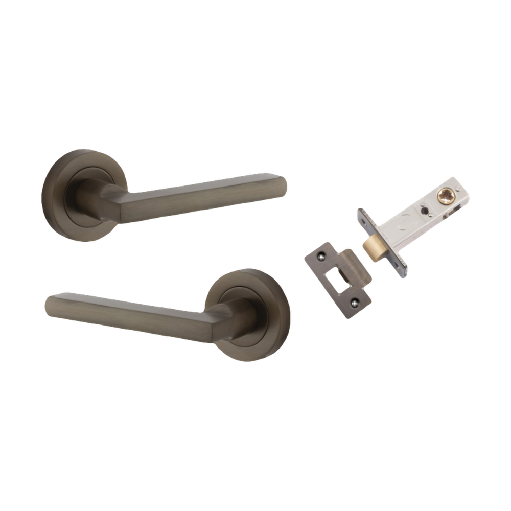 Door Lever Baltimore Round Rose Pair Signature Brass D52xP58mm Passage Kit, Tube Latch Split Cam 'T' Striker Signature Brass Backset 60mm in Signature Brass