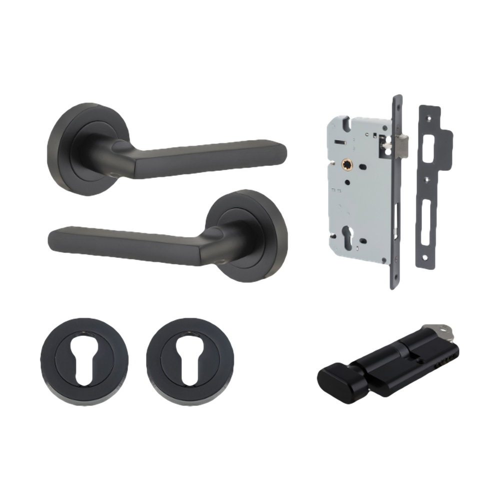 Door Lever Baltimore Round Rose Pair Matt Black D52xP58mm Entrance Kit, Mortice Lock Euro Matt Black CTC85mm Backset 60mm, Euro Cylinder Key Thumb 6 Pin Matt Black L70mm KA1, Escutcheon Euro Concealed Fix Round Pair Matt Black D52xP10mm in Matt Black