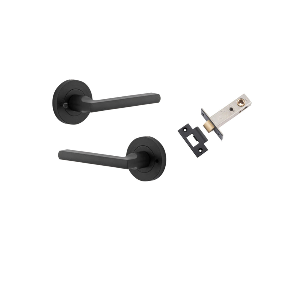 Pair of Iver Baltimore lever door handles on round rose, featuring a sleek black finish and modern design.