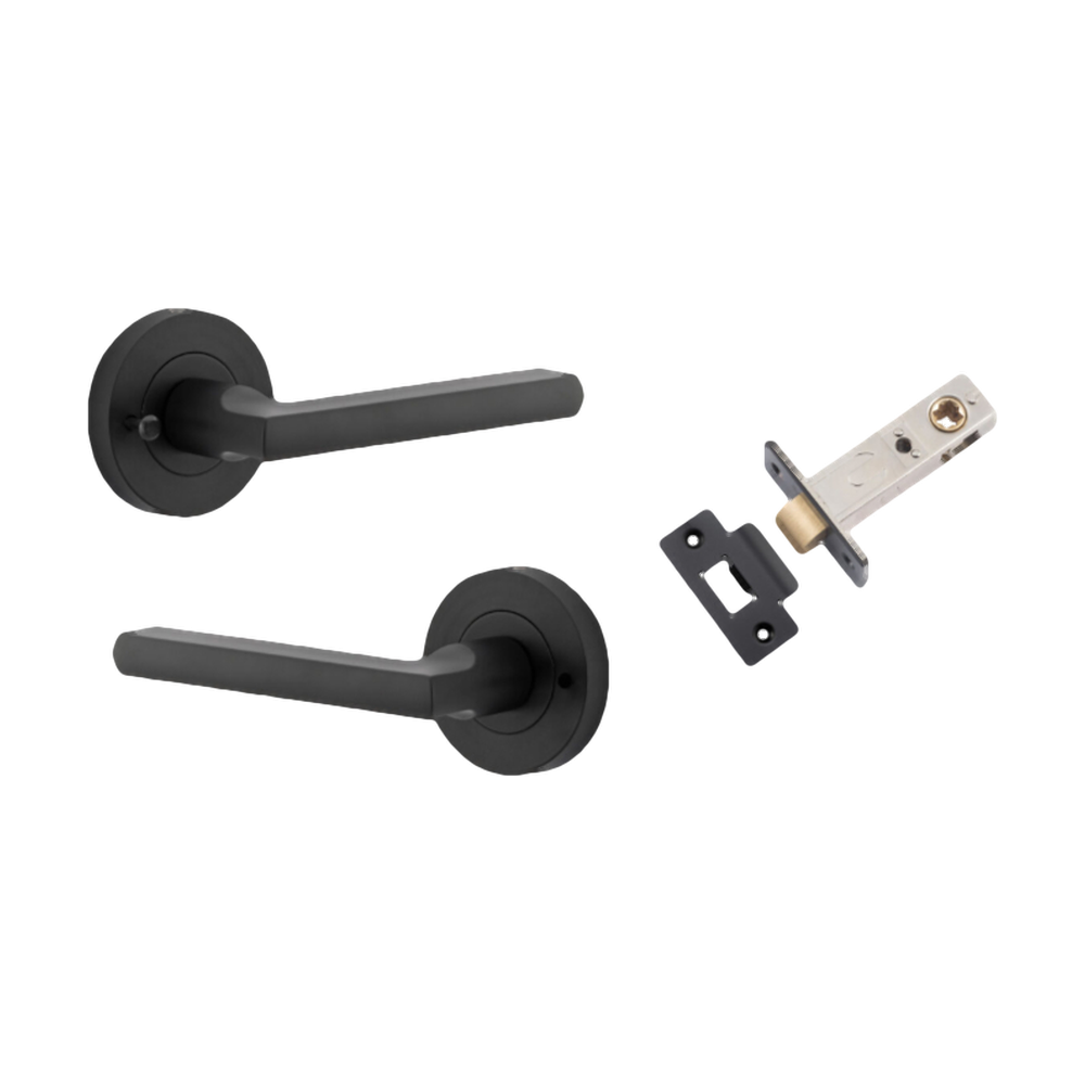 Door Lever Baltimore Round Rose Inbuilt Privacy Pair Matt Black D58xP58mm with Tube Latch Privacy with Faceplate & T Striker Backset 60mm in Matt Black