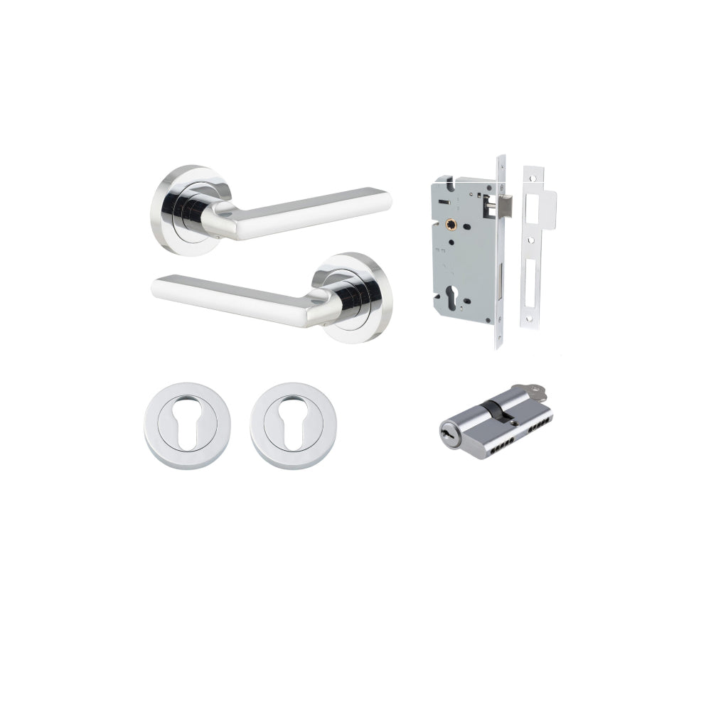 Door Lever Baltimore Round Rose Pair Polished Chrome D52xP58mm Entrance Kit, Mortice Lock Euro Polished Chrome CTC85mm Backset 60mm, Euro Cylinder Dual Function 5 Pin Polished Chrome L65mm KA1, Escutcheon Euro Concealed Fix Round Pair Polished Chr… in Polished Chrome