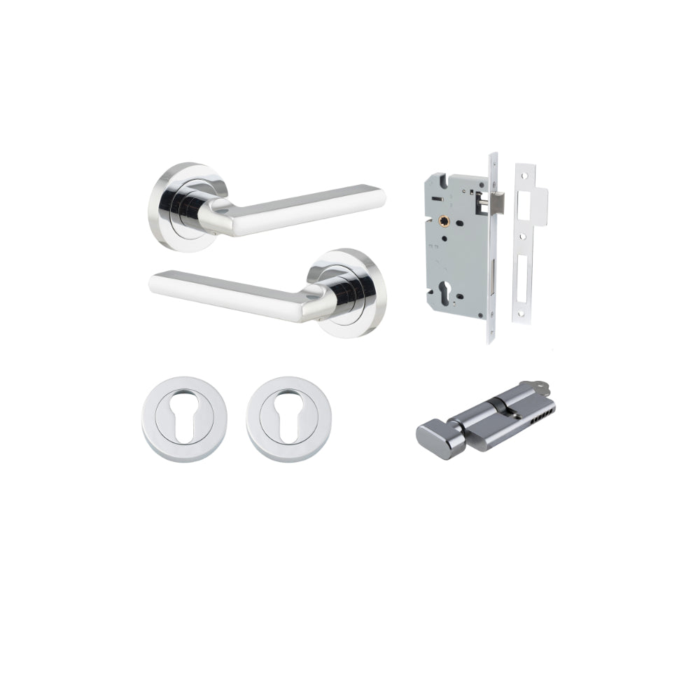 Door Lever Baltimore Round Rose Pair Polished Chrome D52xP58mm Entrance Kit, Mortice Lock Euro Polished Chrome CTC85mm Backset 60mm, Euro Cylinder Key Thumb 6 Pin Polished Chrome L70mm KA1, Escutcheon Euro Concealed Fix Round Pair Polished Chrome … in Polished Chrome