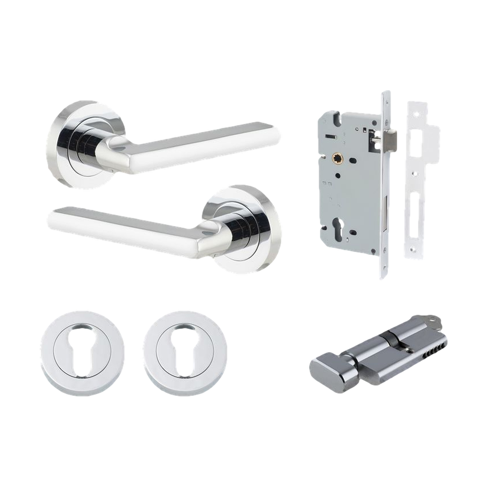 Door Lever Baltimore Round Rose Pair Polished Chrome D52xP58mm Entrance Kit, Mortice Lock Euro Polished Chrome CTC85mm Backset 60mm, Euro Cylinder Key Thumb 6 Pin Polished Chrome L70mm KA1, Escutcheon Euro Concealed Fix Round Pair Polished Chrome … in Polished Chrome
