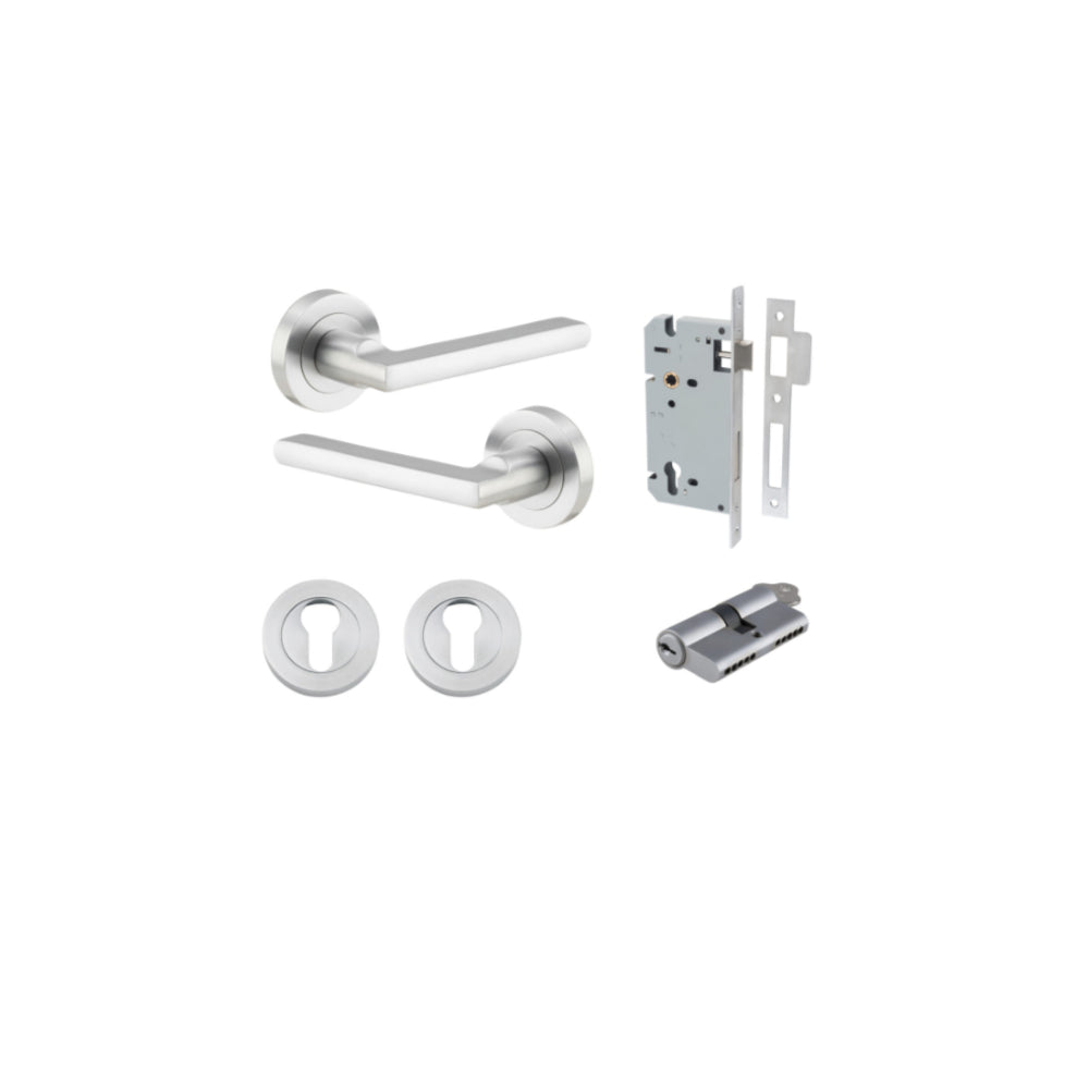 Door Lever Baltimore Round Rose Pair Brushed Chrome D52xP58mm Entrance Kit, Mortice Lock Euro Brushed Chrome CTC85mm Backset 60mm, Euro Cylinder Dual Function 5 Pin Brushed Chrome L65mm KA1, Escutcheon Euro Concealed Fix Round Pair Brushed Chrome … in Brushed Chrome