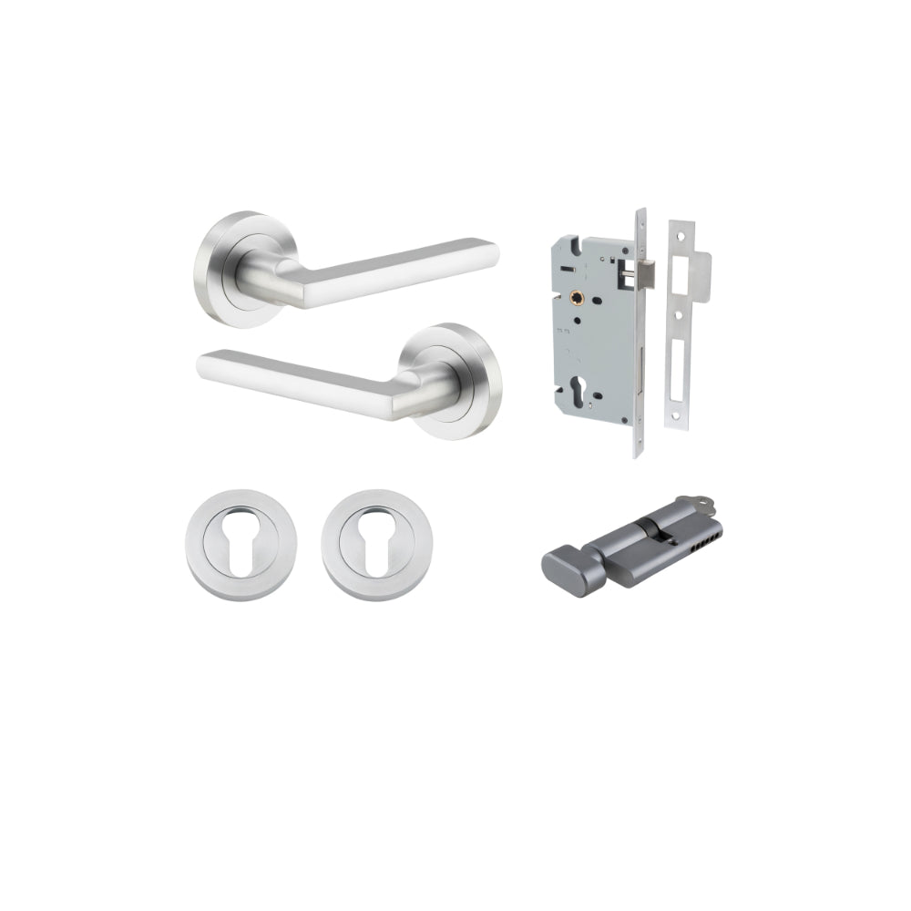 Door Lever Baltimore Round Rose Pair Brushed Chrome D52xP58mm Entrance Kit, Mortice Lock Euro Brushed Chrome CTC85mm Backset 60mm, Euro Cylinder Key Thumb 6 Pin Brushed Chrome L70mm KA1, Escutcheon Euro Concealed Fix Round Pair Brushed Chrome D52x… in Brushed Chrome