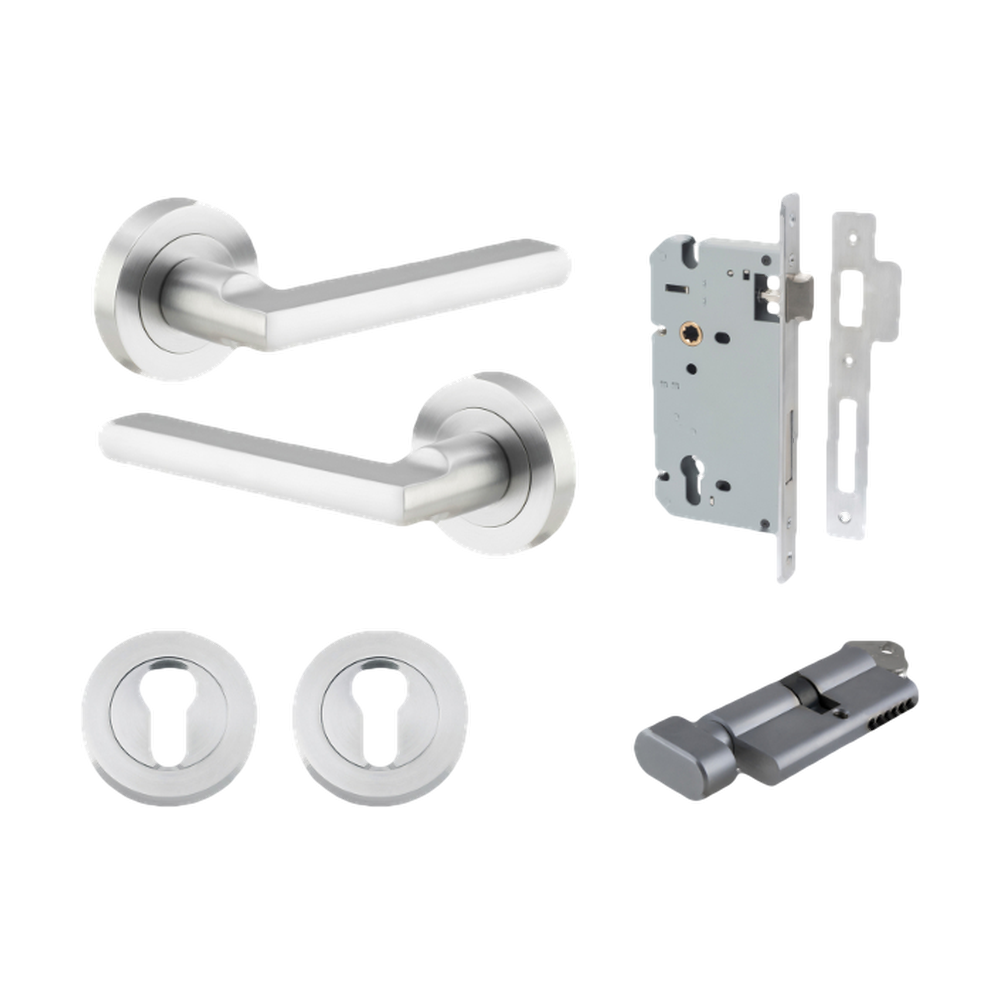 Door Lever Baltimore Round Rose Pair Brushed Chrome D52xP58mm Entrance Kit, Mortice Lock Euro Brushed Chrome CTC85mm Backset 60mm, Euro Cylinder Key Thumb 6 Pin Brushed Chrome L70mm KA1, Escutcheon Euro Concealed Fix Round Pair Brushed Chrome D52x… in Brushed Chrome