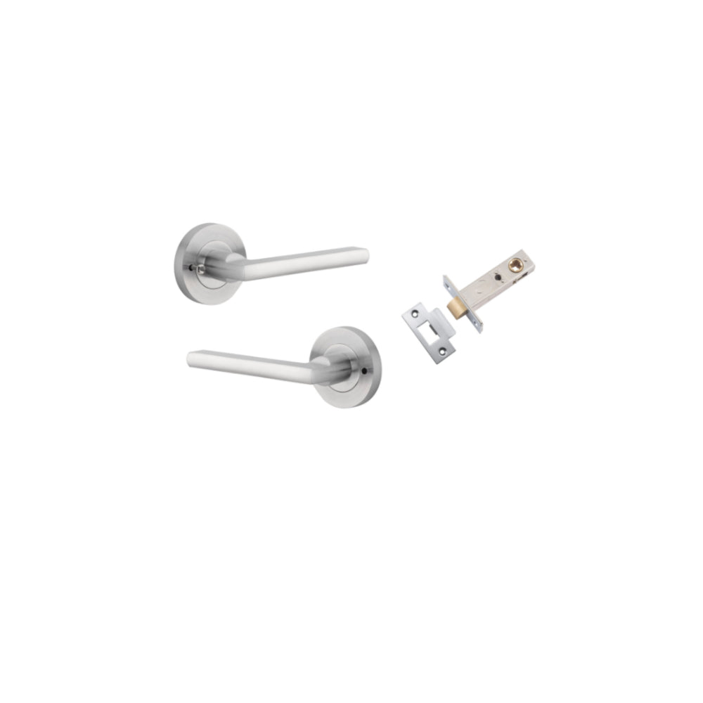 Pair of Iver Baltimore lever door handles on round rose, featuring a sleek black finish and modern design for interior doors.