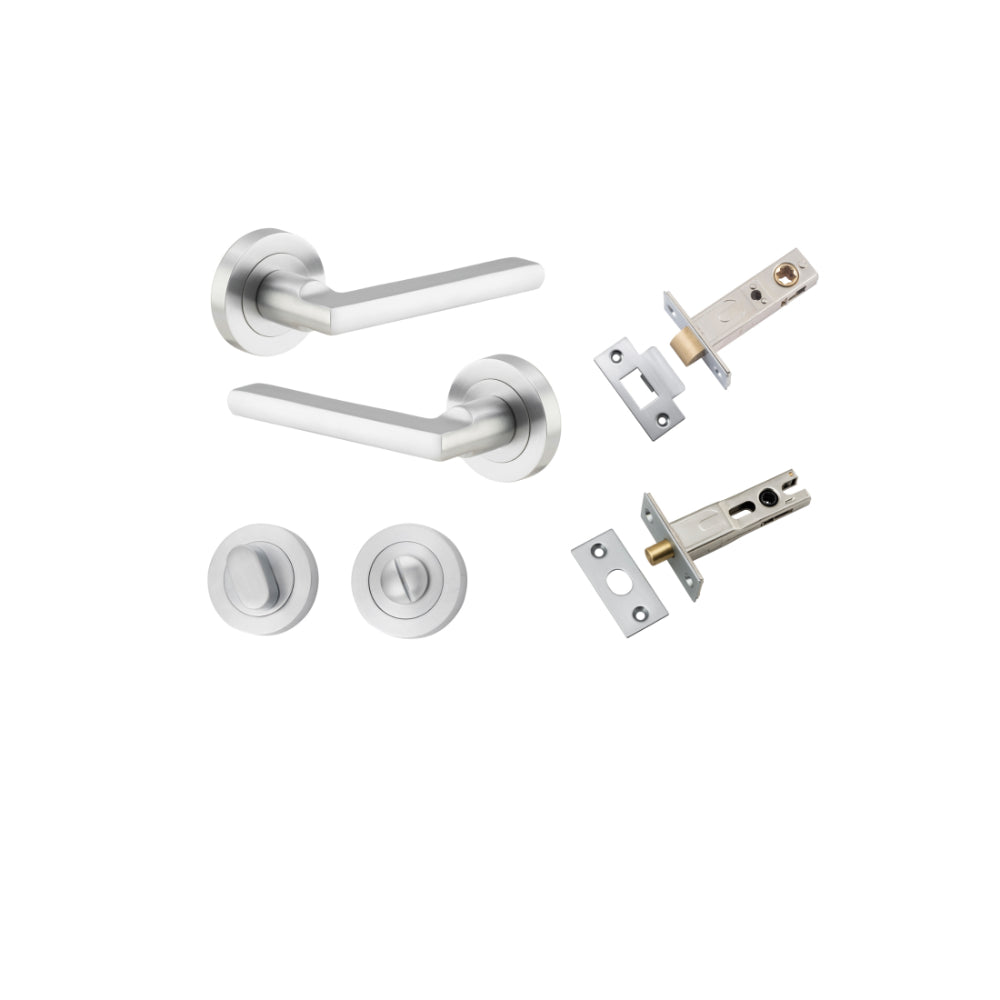 Door Lever Baltimore Round Rose Pair Brushed Chrome D52xP58mm Privacy Kit, Tube Latch Split Cam 'T' Striker Brushed Chrome Backset 60mm, Privacy Bolt Round Bolt Brushed Chrome Backset 60mm, Privacy Turn Oval Concealed Fix Round Brushed Chrome D52x… in Brushed Chrome