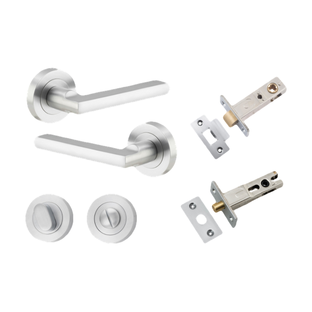 Door Lever Baltimore Round Rose Pair Brushed Chrome D52xP58mm Privacy Kit, Tube Latch Split Cam 'T' Striker Brushed Chrome Backset 60mm, Privacy Bolt Round Bolt Brushed Chrome Backset 60mm, Privacy Turn Oval Concealed Fix Round Brushed Chrome D52x… in Brushed Chrome