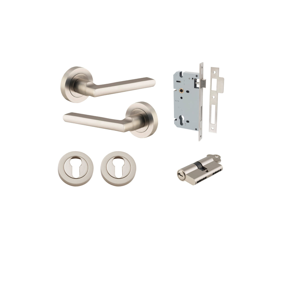 Door Lever Baltimore Round Rose Pair Satin Nickel D52xP58mm Entrance Kit, Mortice Lock Euro Satin Nickel CTC85mm Backset 60mm, Euro Cylinder Dual Function 5 Pin Satin Nickel L65mm KA1, Escutcheon Euro Concealed Fix Round Pair Satin Nickel D52xP10mm in Satin Nickel