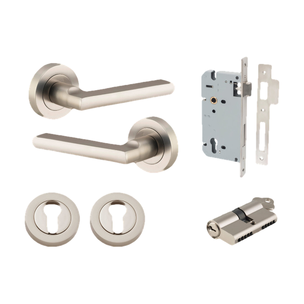 Door Lever Baltimore Round Rose Pair Satin Nickel D52xP58mm Entrance Kit, Mortice Lock Euro Satin Nickel CTC85mm Backset 60mm, Euro Cylinder Dual Function 5 Pin Satin Nickel L65mm KA1, Escutcheon Euro Concealed Fix Round Pair Satin Nickel D52xP10mm in Satin Nickel