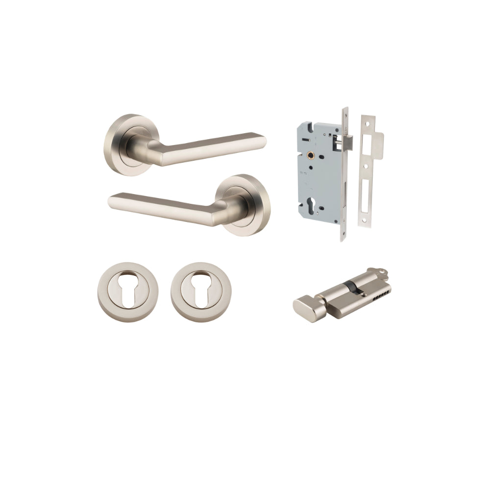 Door Lever Baltimore Round Rose Pair Satin Nickel D52xP58mm Entrance Kit, Mortice Lock Euro Satin Nickel CTC85mm Backset 60mm, Euro Cylinder Key Thumb 6 Pin Satin Nickel L70mm KA1, Escutcheon Euro Concealed Fix Round Pair Satin Nickel D52xP10mm in Satin Nickel