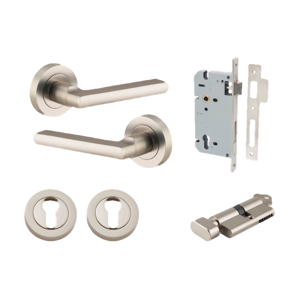 Door Lever Baltimore Round Rose Pair Satin Nickel D52xP58mm Entrance Kit, Mortice Lock Euro Satin Nickel CTC85mm Backset 60mm, Euro Cylinder Key Thumb 6 Pin Satin Nickel L70mm KA1, Escutcheon Euro Concealed Fix Round Pair Satin Nickel D52xP10mm in Satin Nickel