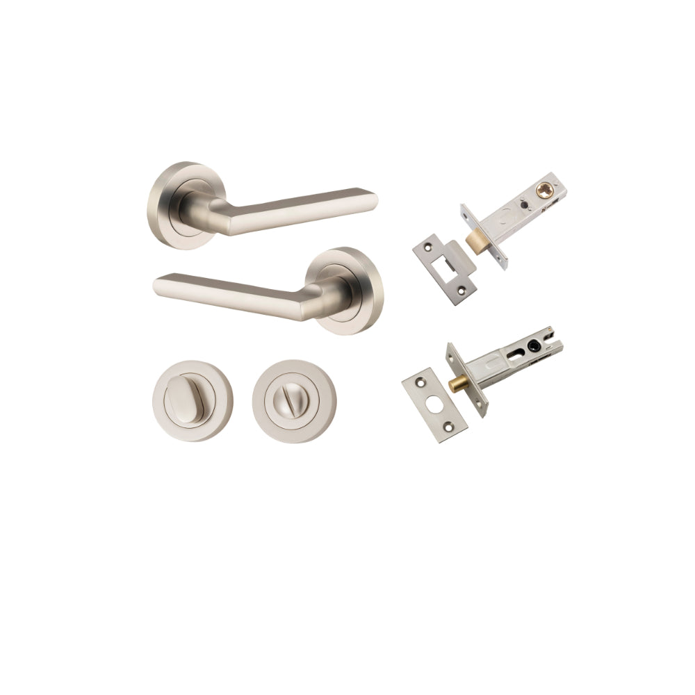 Door Lever Baltimore Round Rose Pair Satin Nickel D52xP58mm Privacy Kit, Tube Latch Split Cam 'T' Striker Satin Nickel Backset 60mm, Privacy Bolt Round Bolt Satin Nickel Backset 60mm, Privacy Turn Oval Concealed Fix Round Satin Nickel D52xP23mm in Satin Nickel