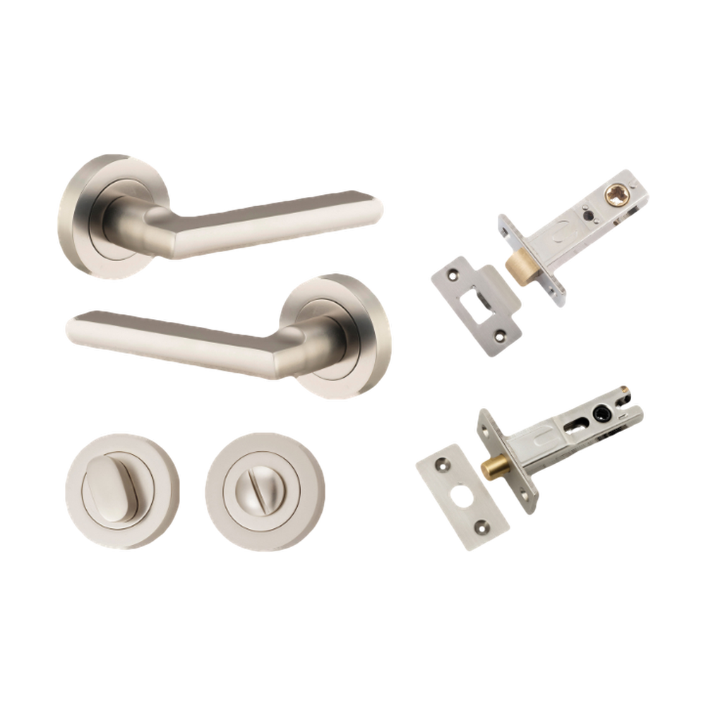 Door Lever Baltimore Round Rose Pair Satin Nickel D52xP58mm Privacy Kit, Tube Latch Split Cam 'T' Striker Satin Nickel Backset 60mm, Privacy Bolt Round Bolt Satin Nickel Backset 60mm, Privacy Turn Oval Concealed Fix Round Satin Nickel D52xP23mm in Satin Nickel
