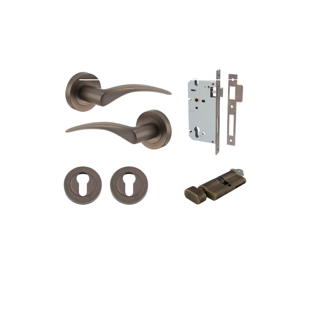 Door Lever Oxford Round Rose Pair Signature Brass D52xP64mm Entrance Kit, Mortice Lock Euro Signature Brass CTC85mm Backset 60mm, Euro Cylinder Key Thumb 6 Pin Signature Brass L70mm KA1, Escutcheon Euro Concealed Fix Round Pair Signature Brass D52… in Signature Brass