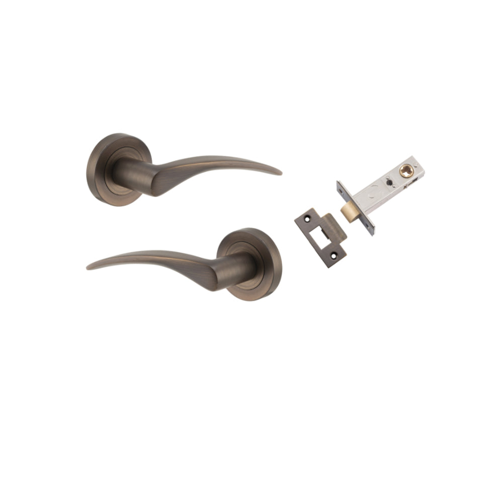 Door Lever Oxford Round Rose Pair Signature Brass D52xP64mm Passage Kit, Tube Latch Split Cam 'T' Striker Signature Brass Backset 60mm in Signature Brass