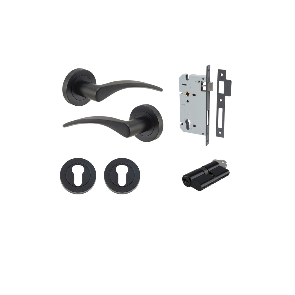 Door Lever Oxford Round Rose Pair Matt Black D52xP64mm Entrance Kit, Mortice Lock Euro Matt Black CTC85mm Backset 60mm, Euro Cylinder Dual Function 5 Pin Matt Black L65mm KA1, Escutcheon Euro Concealed Fix Round Pair Matt Black D52xP10mm in Matt Black