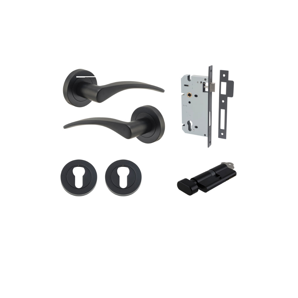 Door Lever Oxford Round Rose Pair Matt Black D52xP64mm Entrance Kit, Mortice Lock Euro Matt Black CTC85mm Backset 60mm, Euro Cylinder Key Thumb 6 Pin Matt Black L70mm KA1, Escutcheon Euro Concealed Fix Round Pair Matt Black D52xP10mm in Matt Black